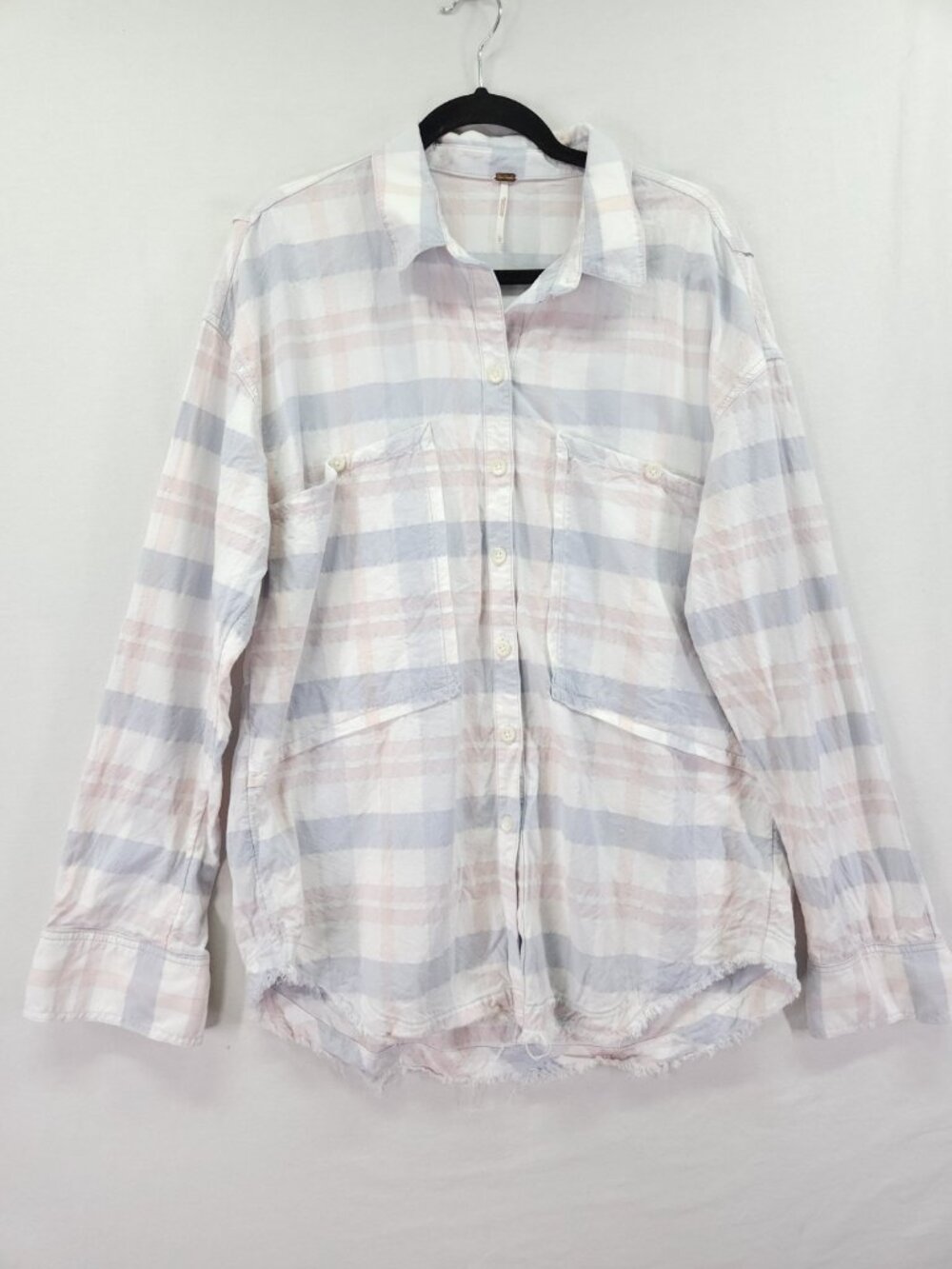 Free People Womens Large Plaid Oversized Flannel Button Front Shirt Frayed Hem